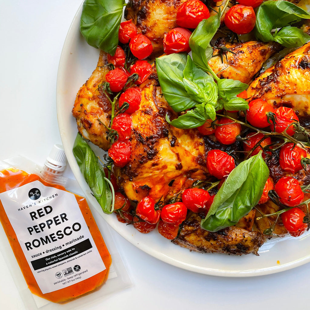 Romesco Baked Chicken with Tomatoes and Basil