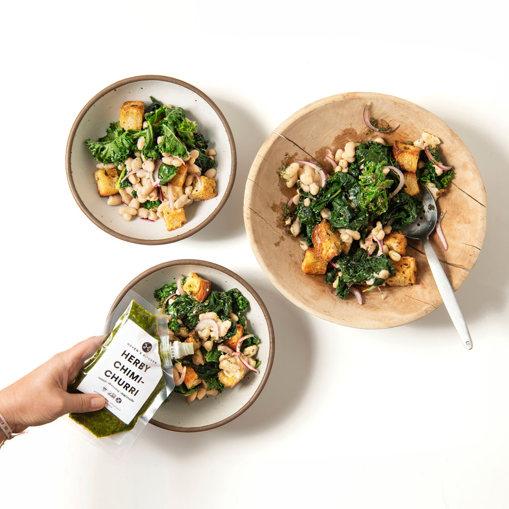Warm Chimichurri White Bean Salad with Croutons