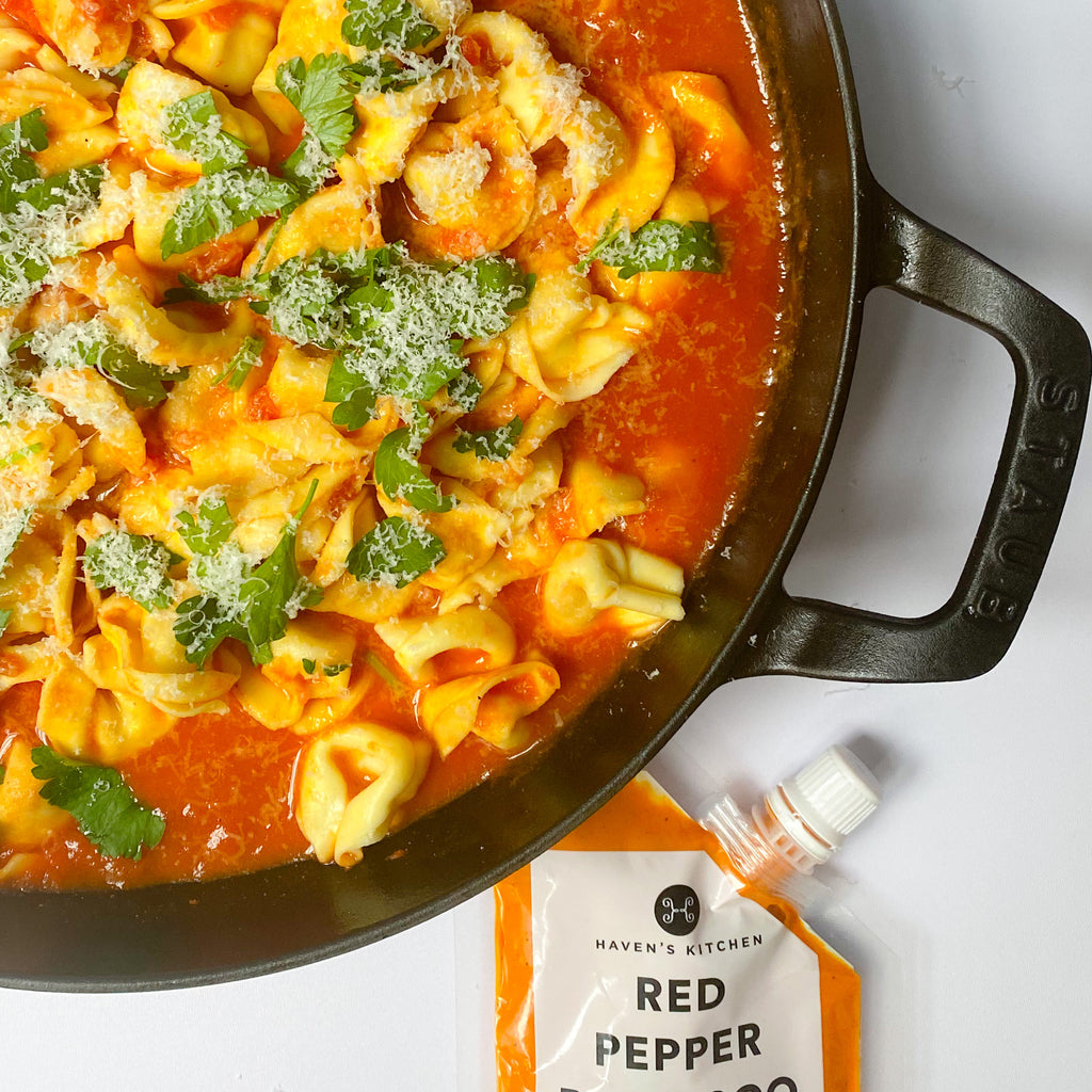 Tortellini with Simmered tomatoes and Romesco