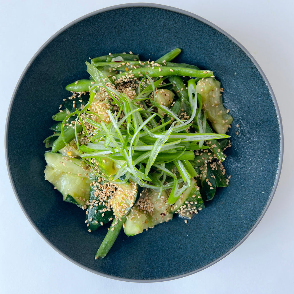 Smashed Cucumber and Green Beans Salad with Gingery Miso