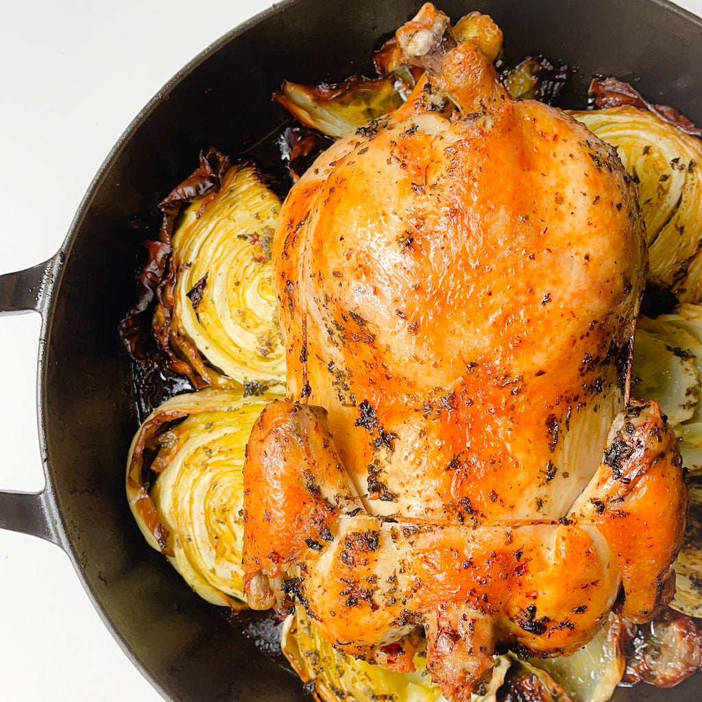 Chimichurri Whole Roasted Chicken with Cabbage