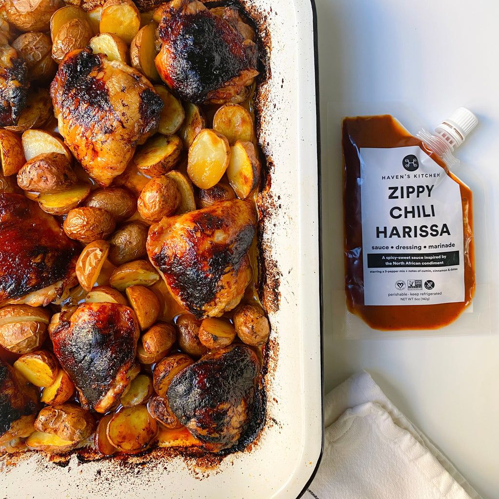 One Pan Zippy Harissa-Honey Chicken and Potatoes