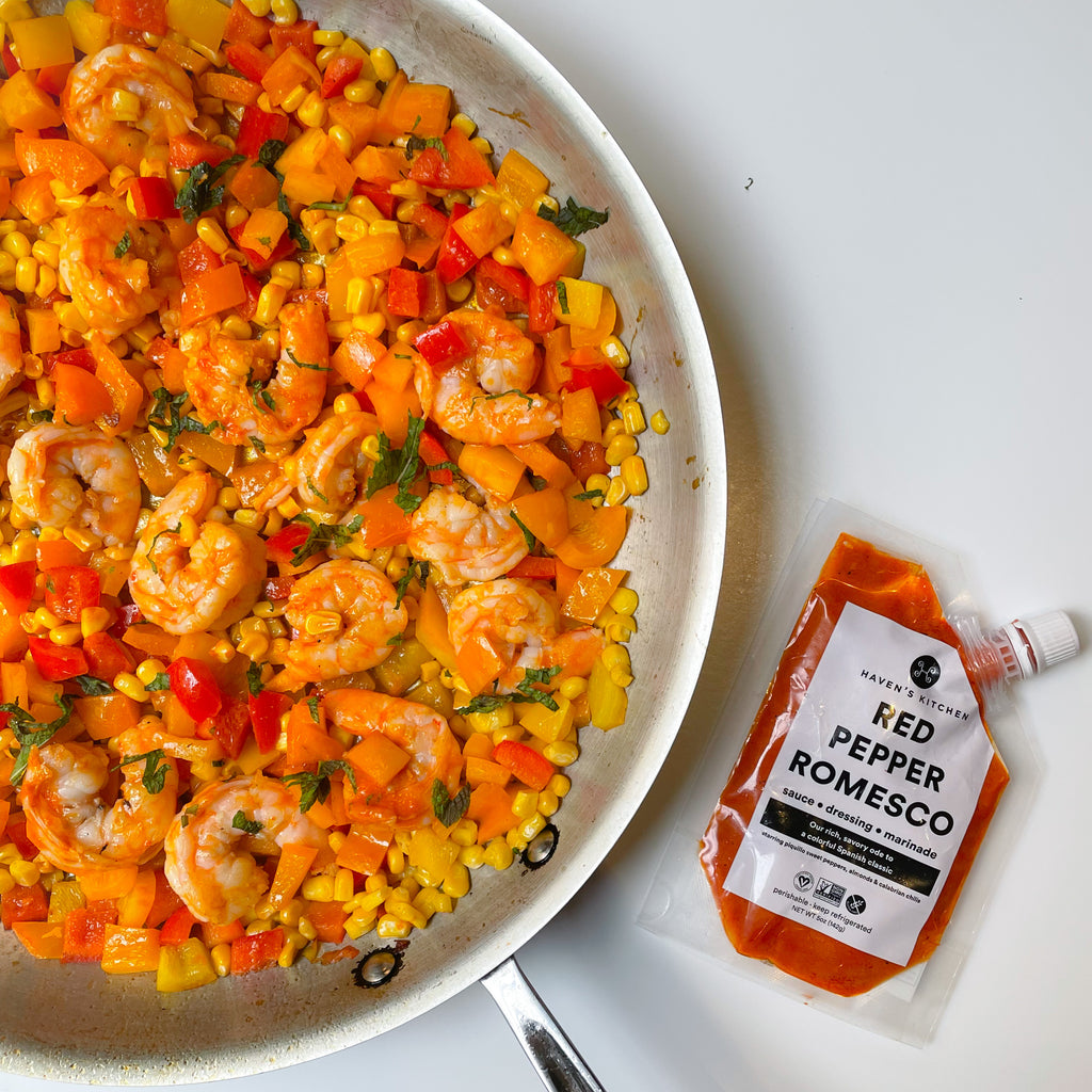 Summer Romesco Shrimp with Corn and Peppers