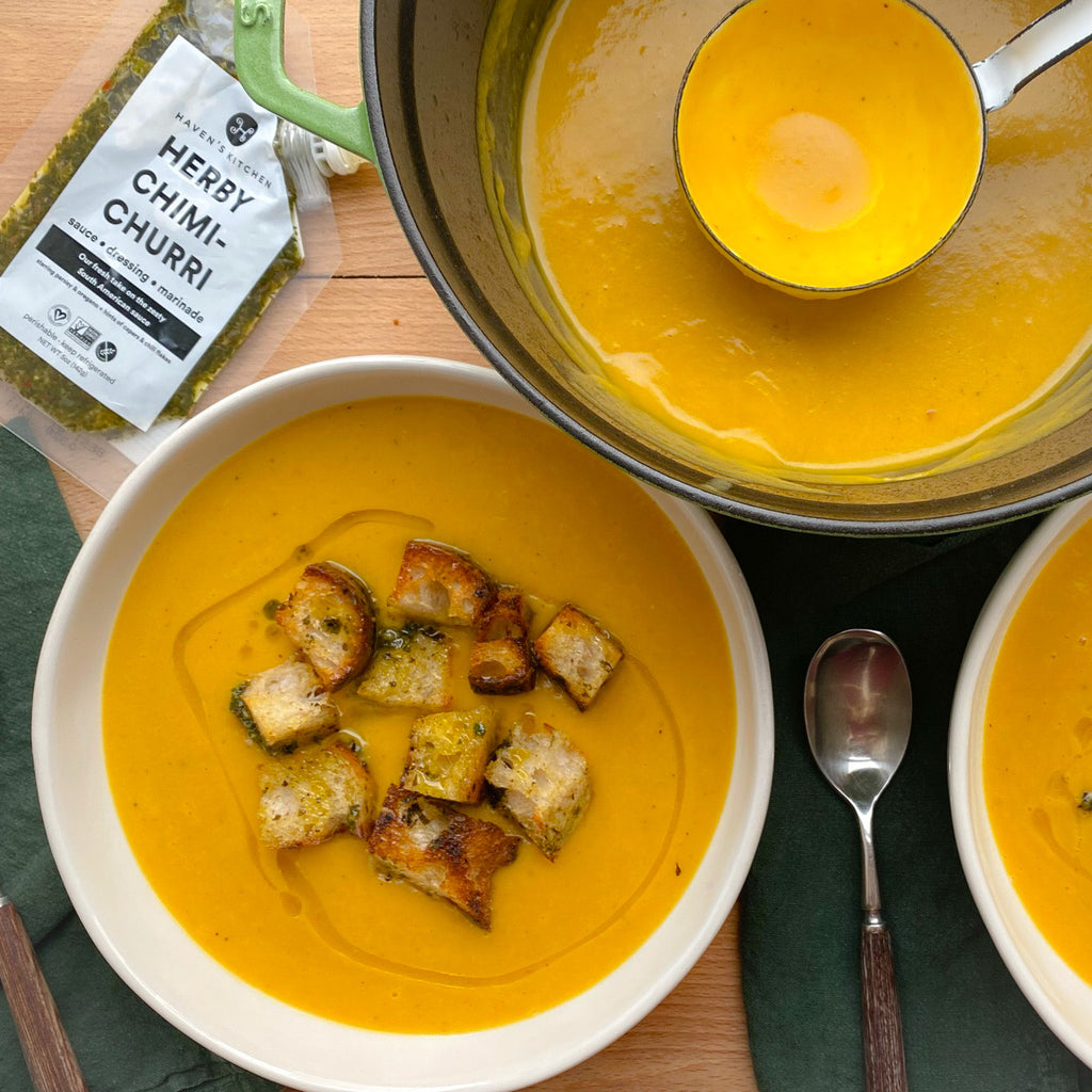 Creamy Butternut Squash Soup with Herby Croutons
