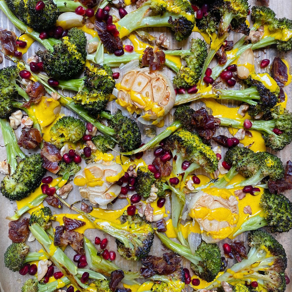 Charred Broccoli with Golden Tahini, Dates & Walnuts