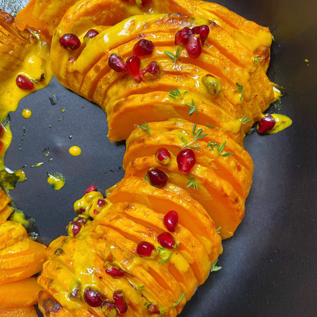 Hasselback Butternut Squash with Golden Tahini