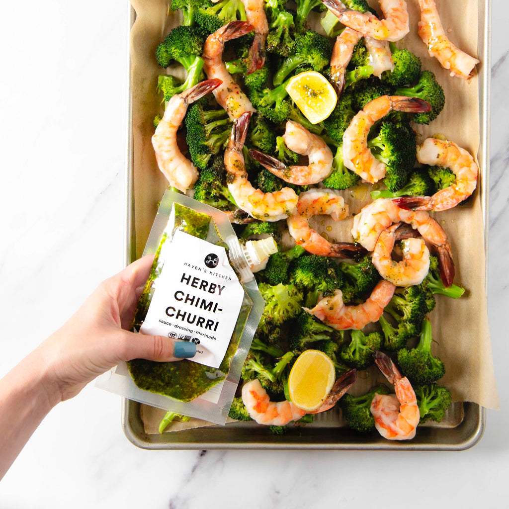 Chimi-Butter Sheet pan Shrimp with Broccoli