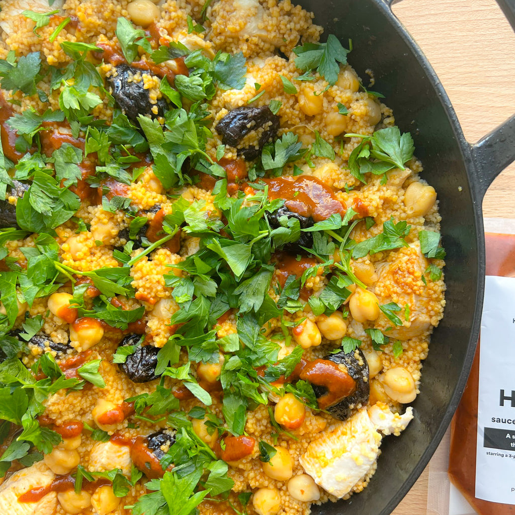 15-minute One Pan Harissa Chicken and Couscous