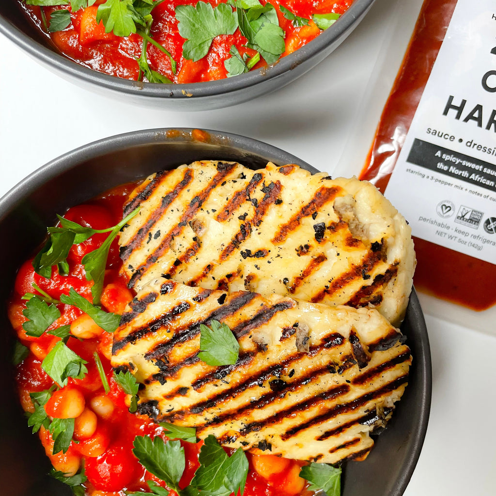 Harissa White Beans with Grilled Halloumi
