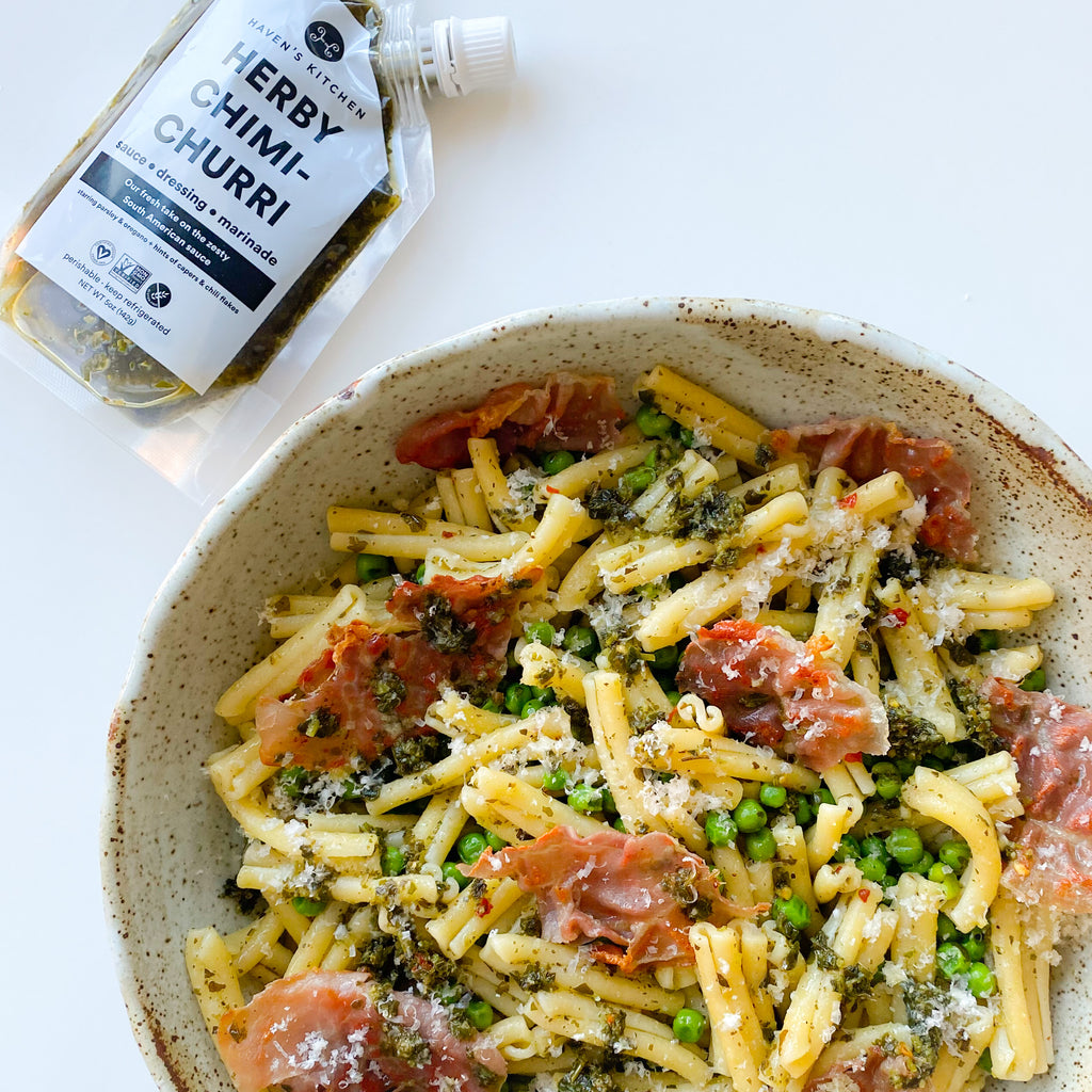 Herby Chimichurri Pasta with Peas and Prosciutto