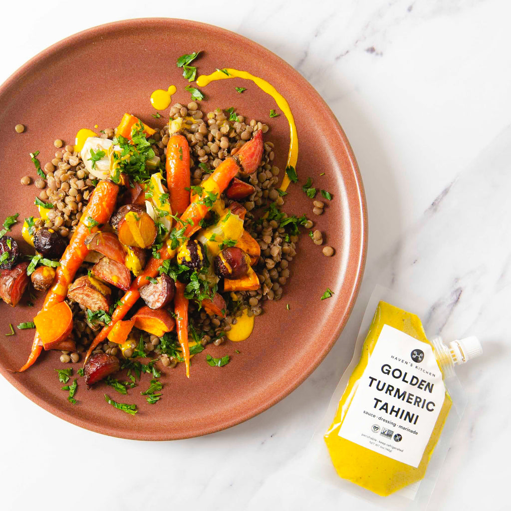 Lentils with Tahini-Roasted Winter Vegetables