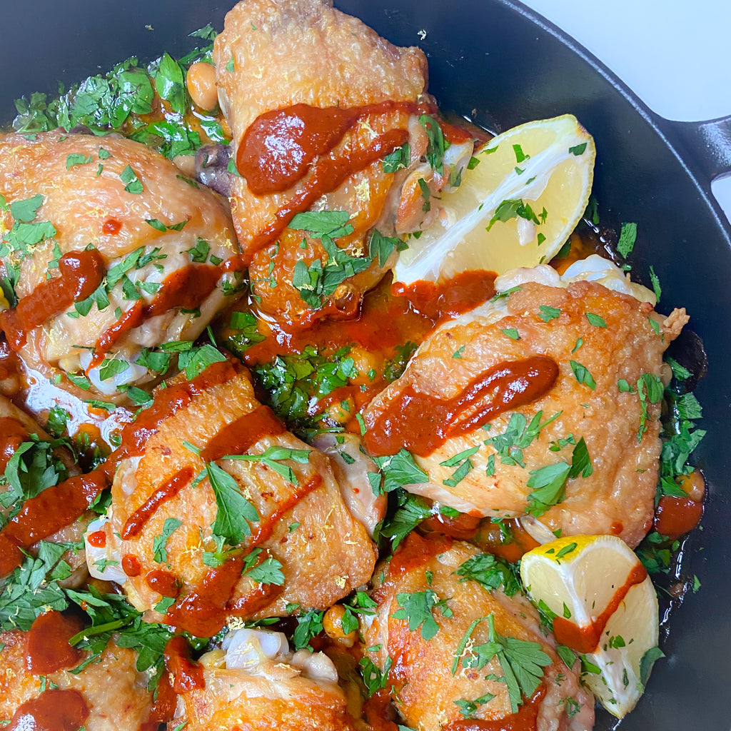 Pan Roasted Harissa Chicken with Chickpeas