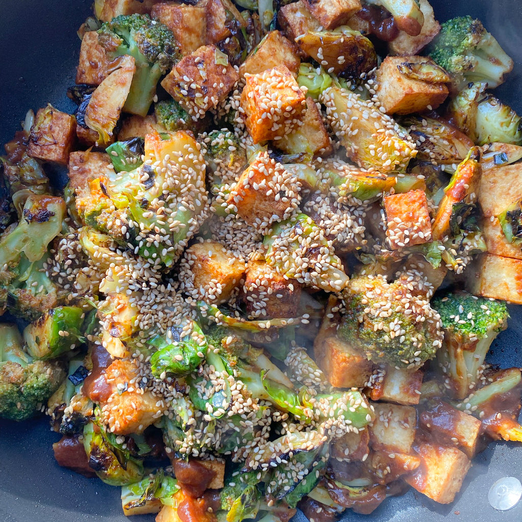 Tangy BBQ Tofu Stir-Fry With Brussels and Broccoli